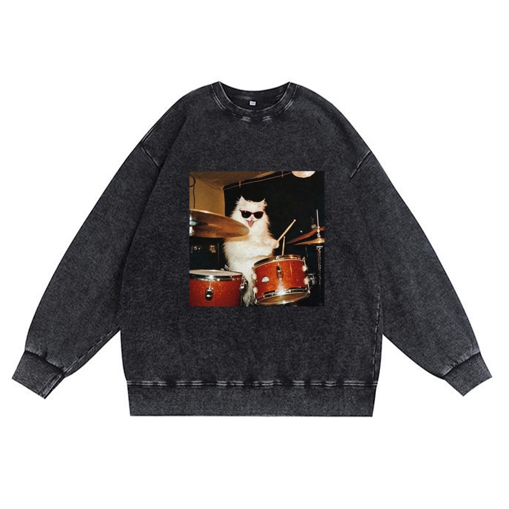 Rock And Roll Cat Drummer Meme Retro Washed Sweatshirt