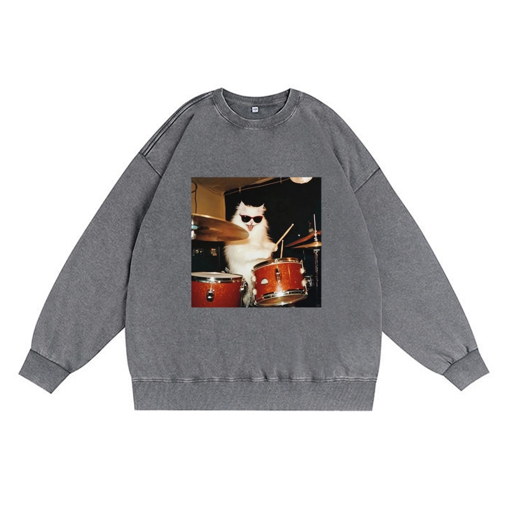 Rock And Roll Cat Drummer Meme Retro Washed Sweatshirt