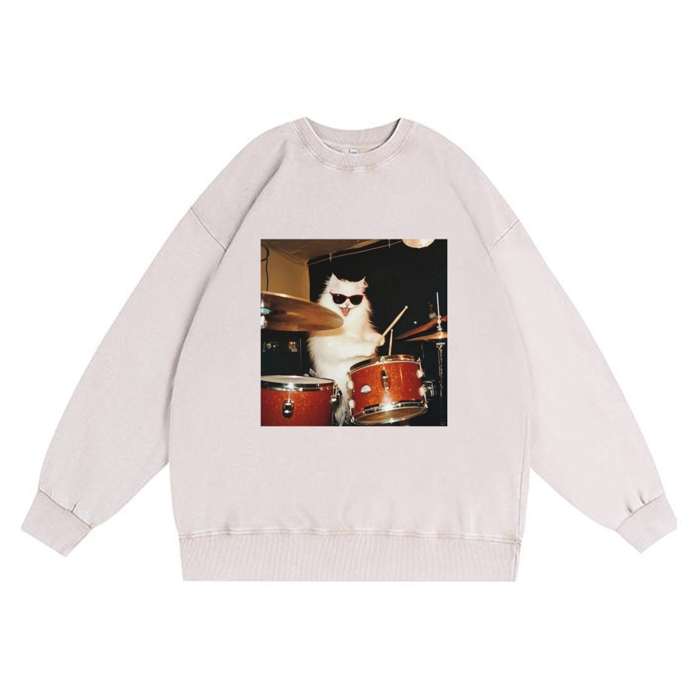 Rock And Roll Cat Drummer Meme Retro Washed Sweatshirt