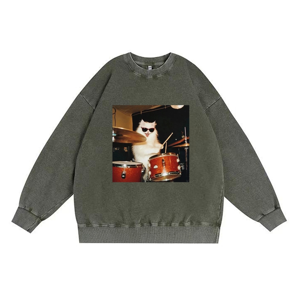 Rock And Roll Cat Drummer Meme Retro Washed Sweatshirt