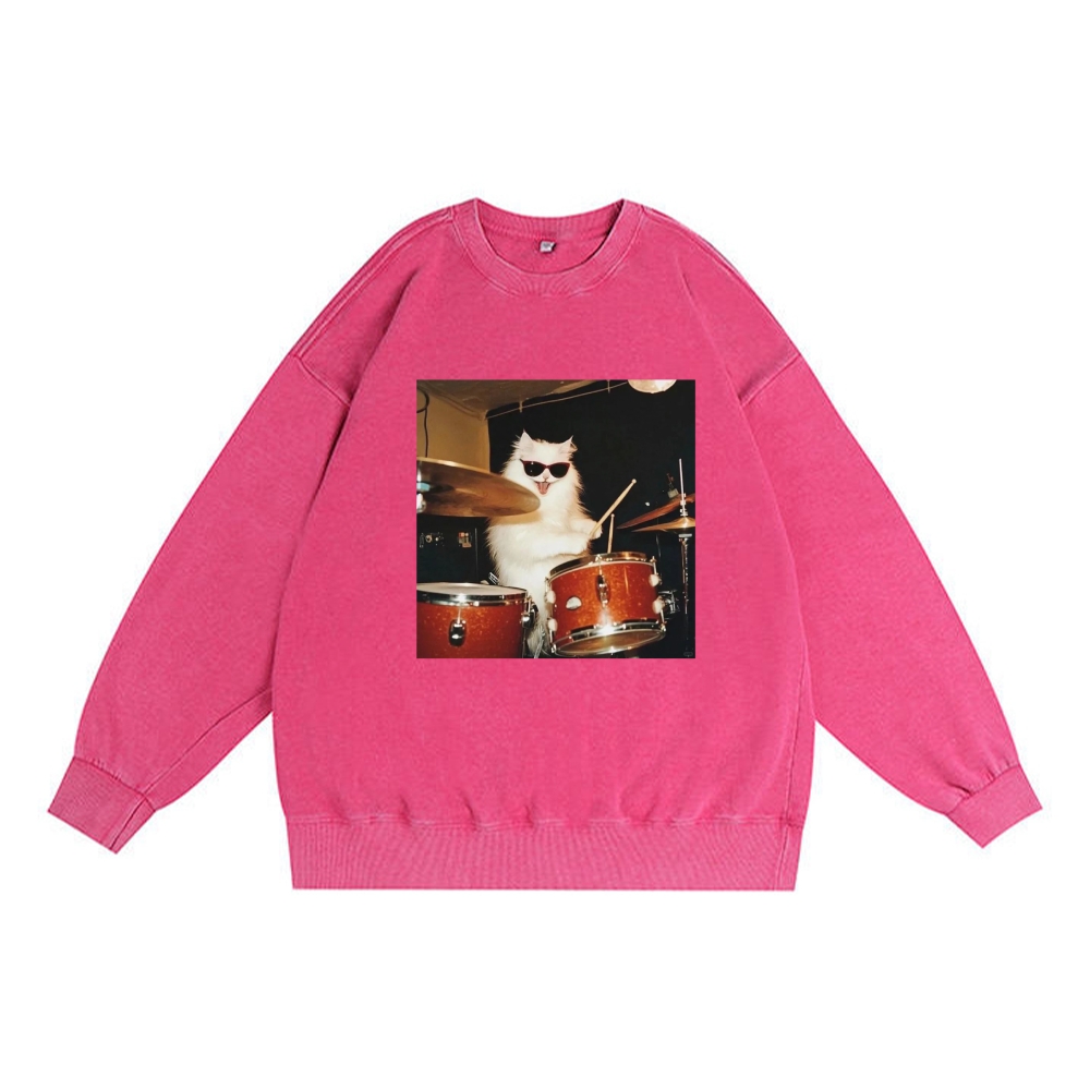 Rock And Roll Cat Drummer Meme Retro Washed Sweatshirt