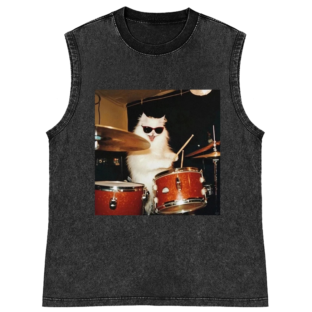 Rock And Roll Cat Drummer Meme Retro Washed Tank Top