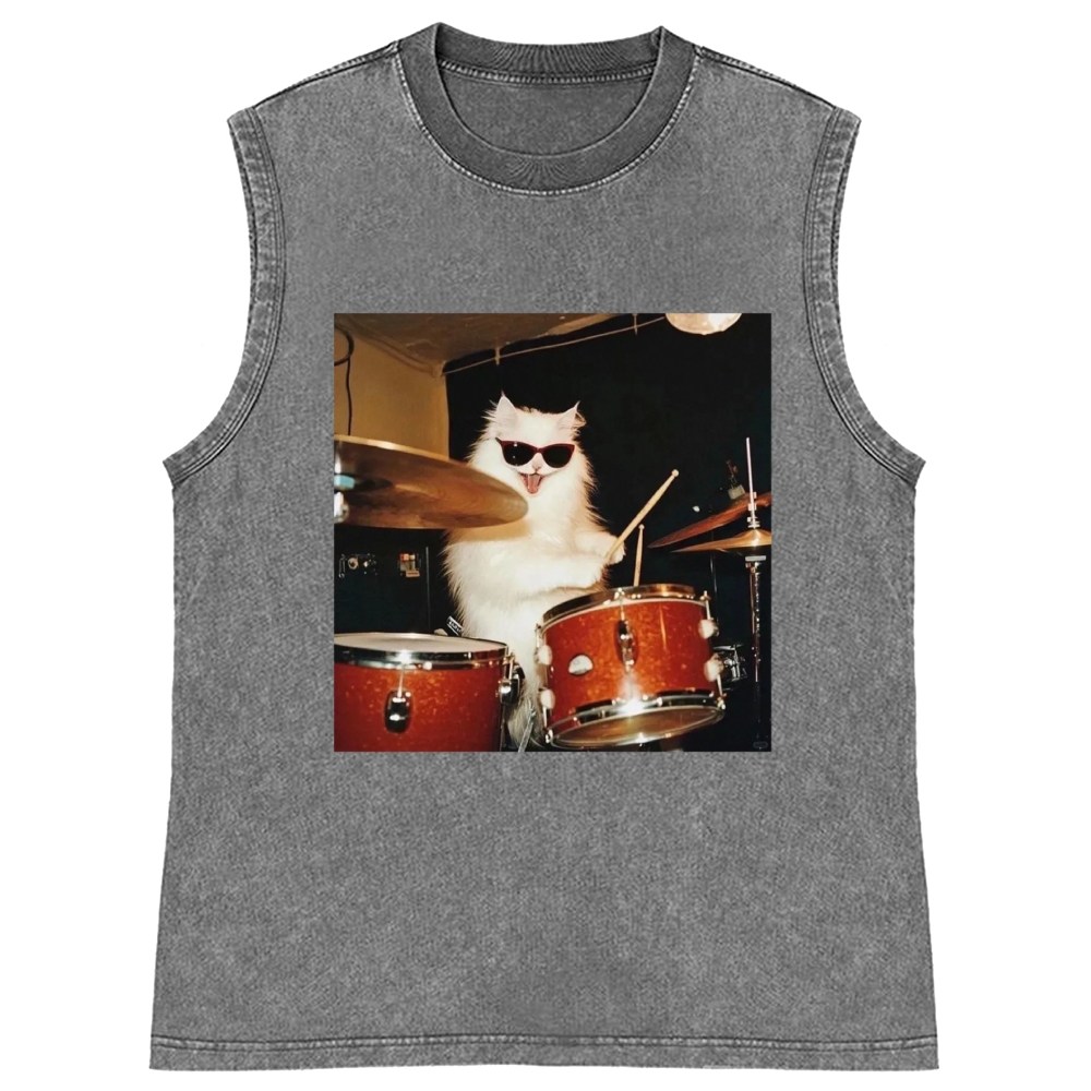 Rock And Roll Cat Drummer Meme Retro Washed Tank Top