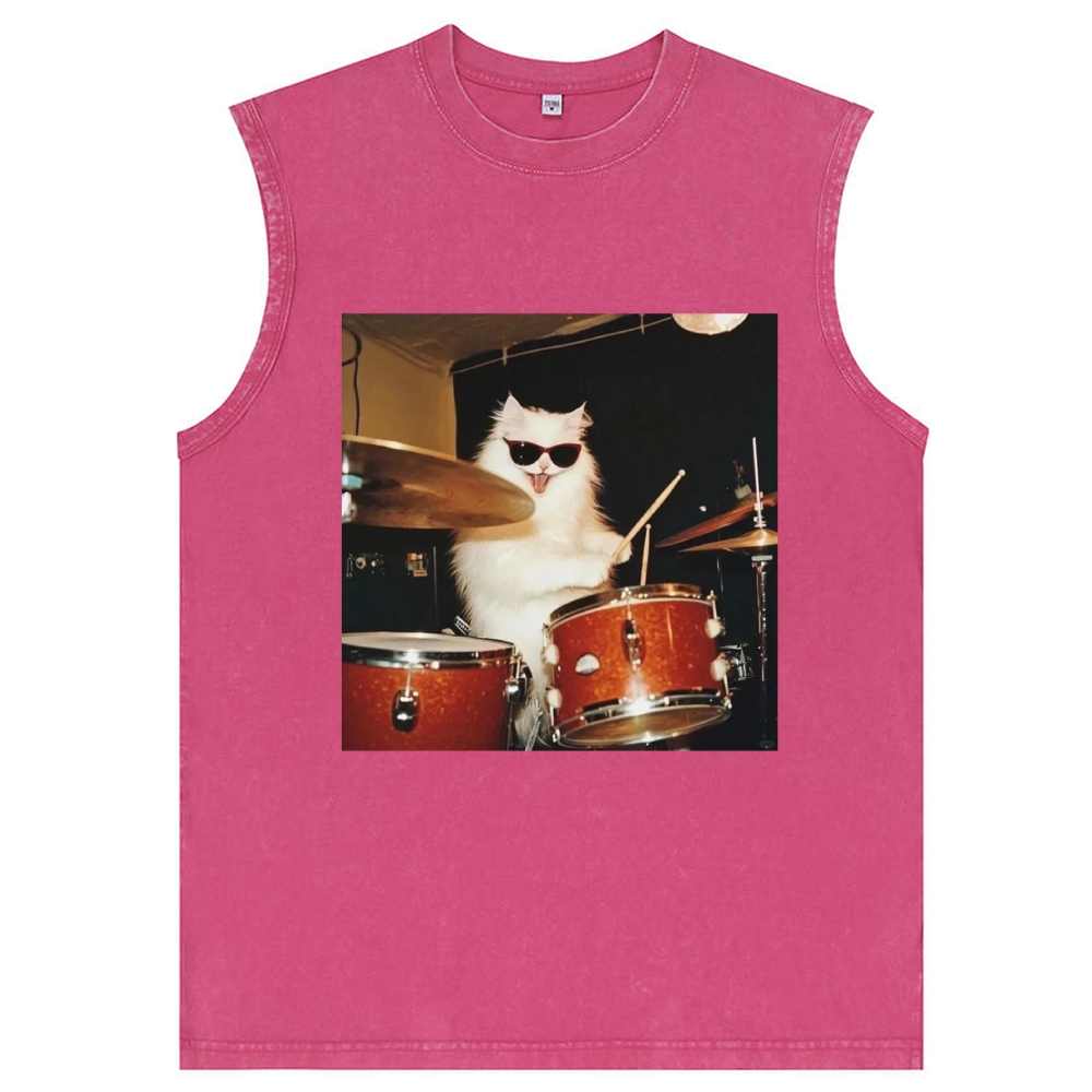 Rock And Roll Cat Drummer Meme Retro Washed Tank Top