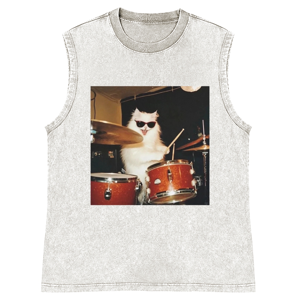 Rock And Roll Cat Drummer Meme Retro Washed Tank Top