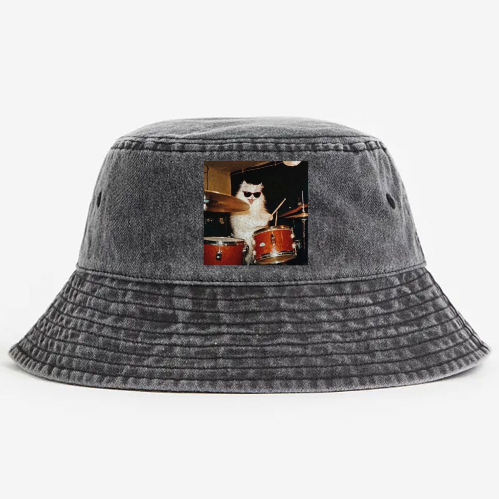 Rock And Roll Cat Drummer Meme Retro Washed Bucket Hat