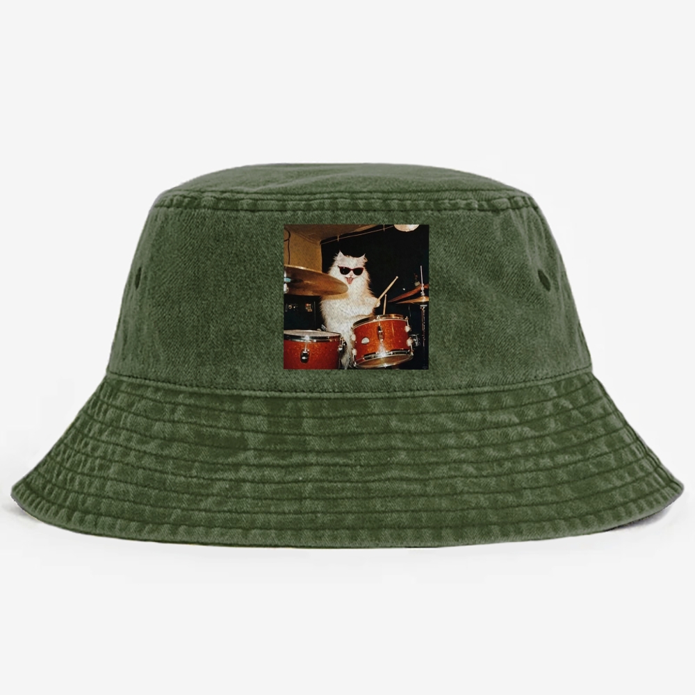 Rock And Roll Cat Drummer Meme Retro Washed Bucket Hat