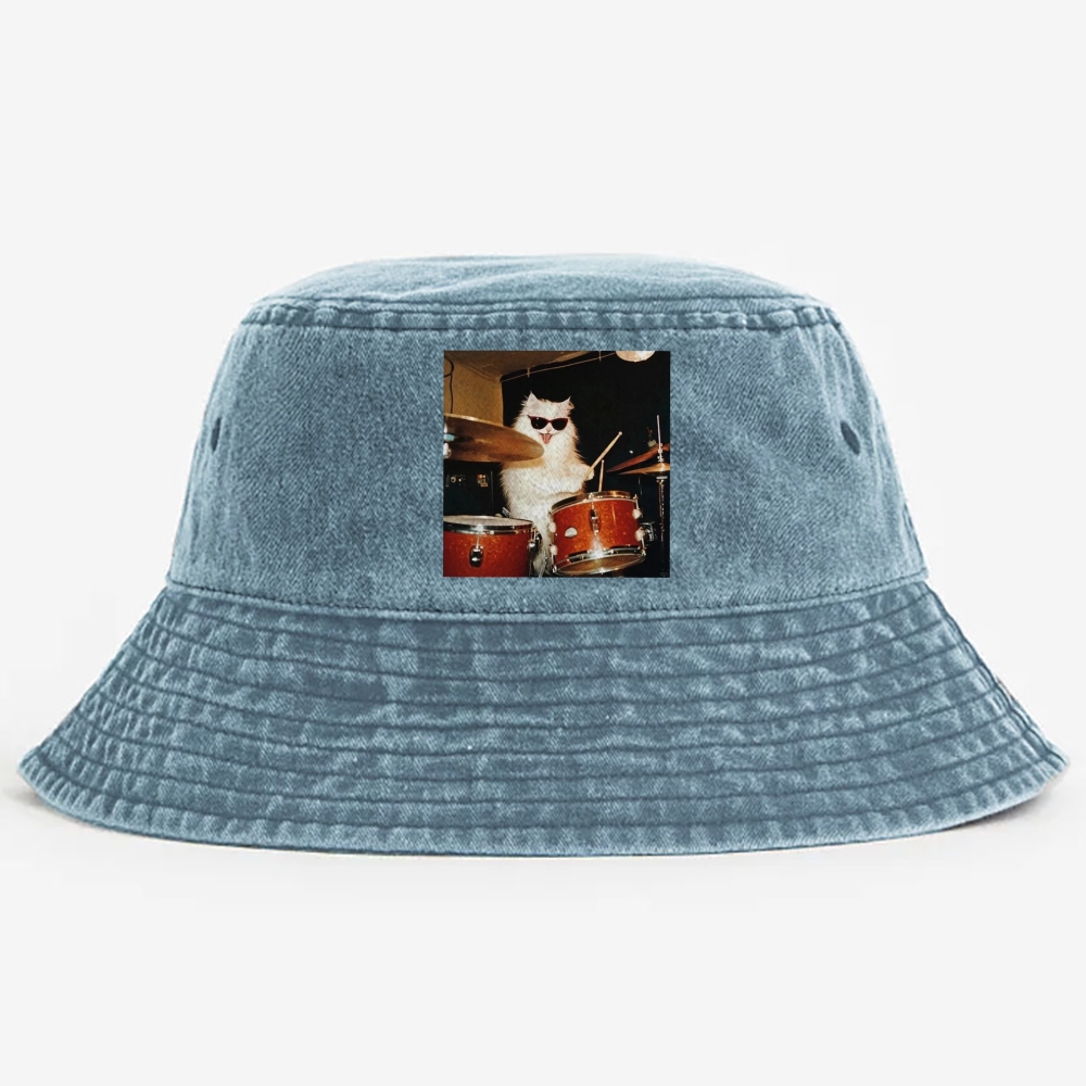 Rock And Roll Cat Drummer Meme Retro Washed Bucket Hat