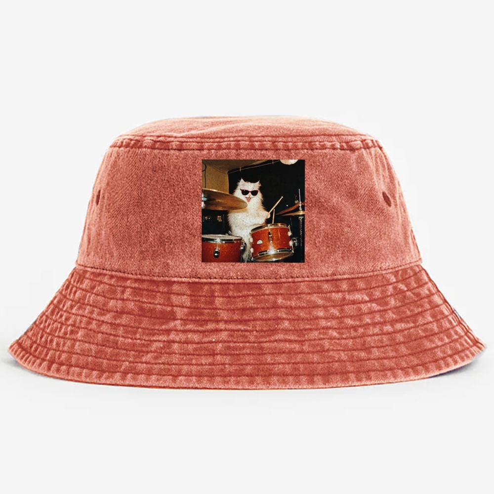 Rock And Roll Cat Drummer Meme Retro Washed Bucket Hat