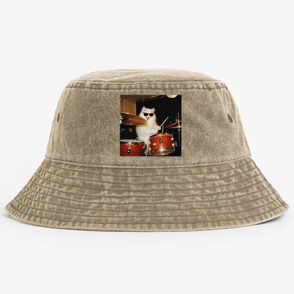 Rock And Roll Cat Drummer Meme Retro Washed Bucket Hat