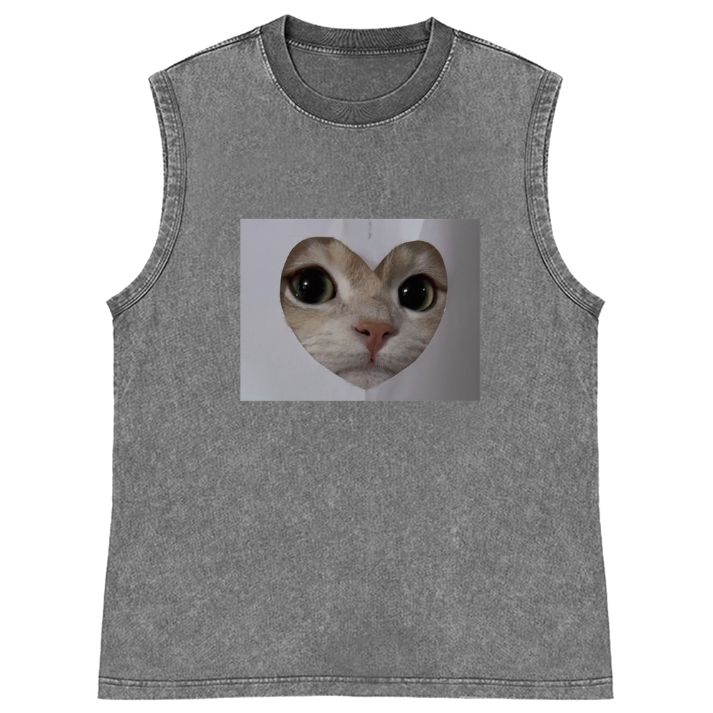 Heart Cutout Cat Face Retro Washed Tank Top