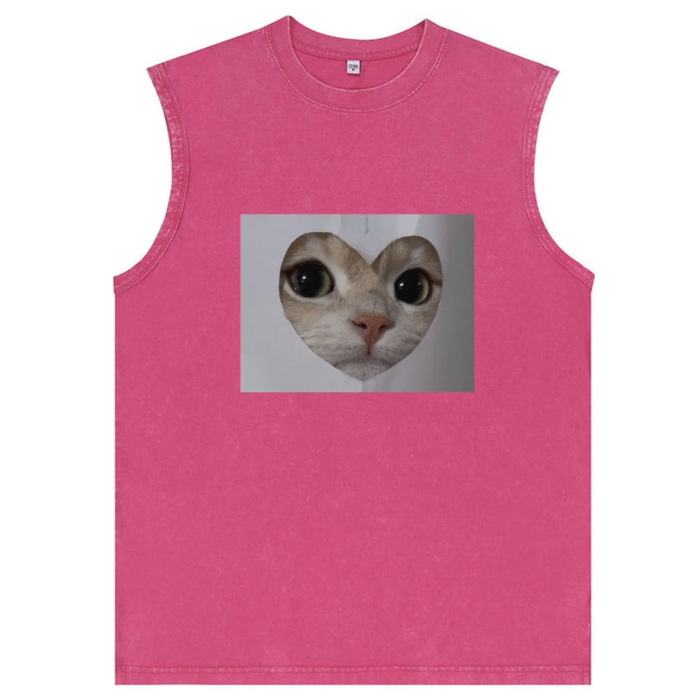 Heart Cutout Cat Face Retro Washed Tank Top
