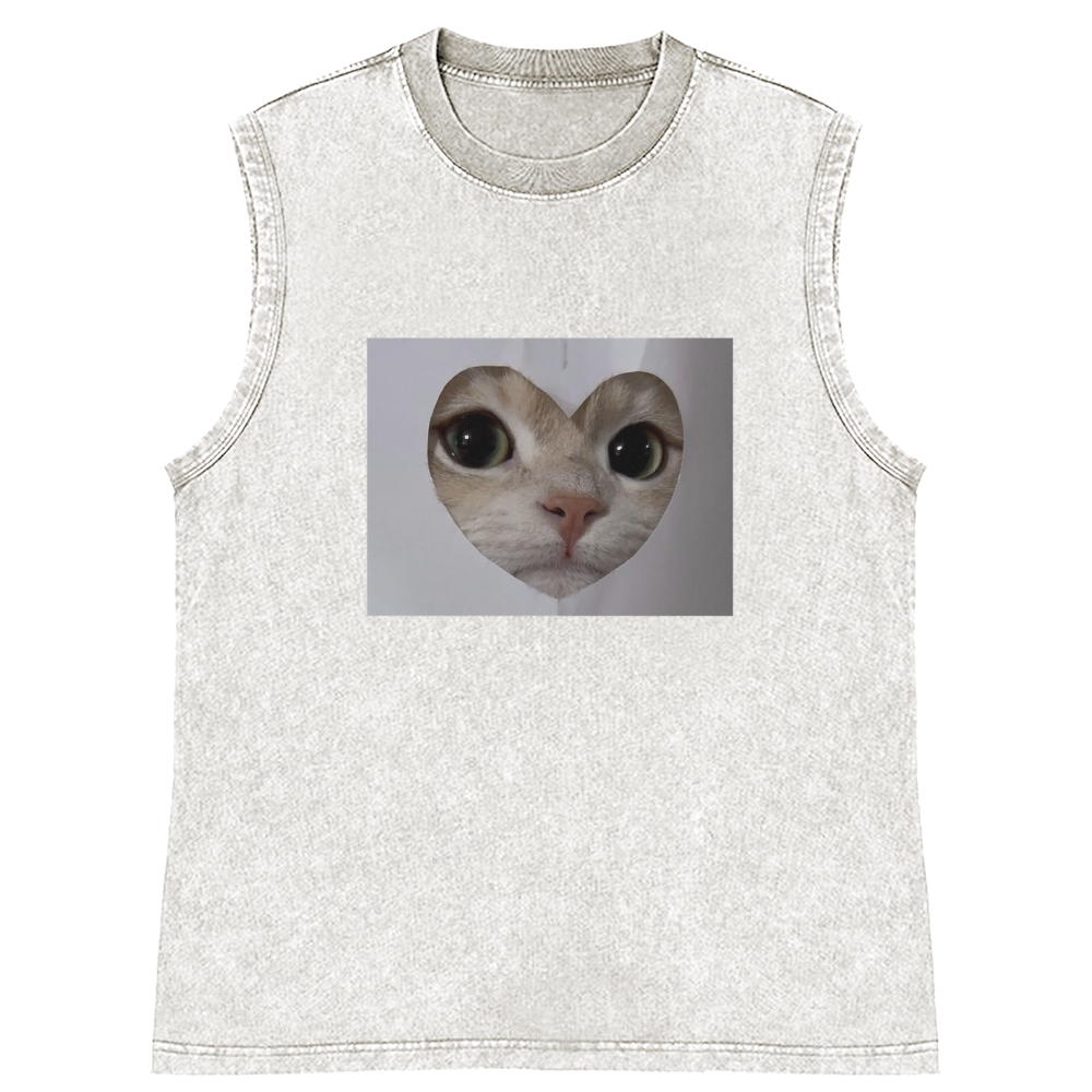Heart Cutout Cat Face Retro Washed Tank Top