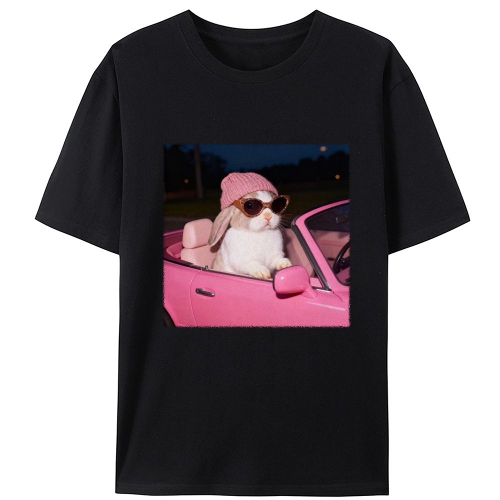 Fashion Bunny Cruising In Pink Car Retro Designed for Women - Slim Fit Cotton Tee