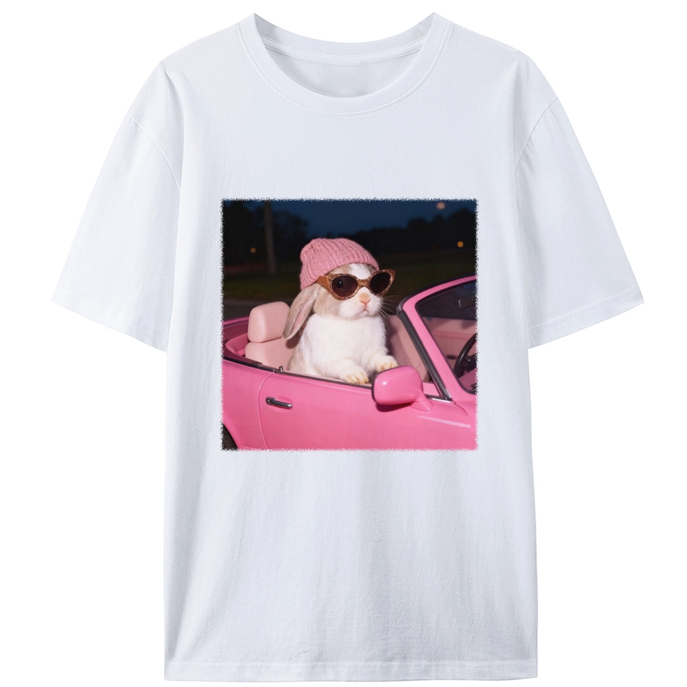 Fashion Bunny Cruising In Pink Car Retro Designed for Women - Slim Fit Cotton Tee