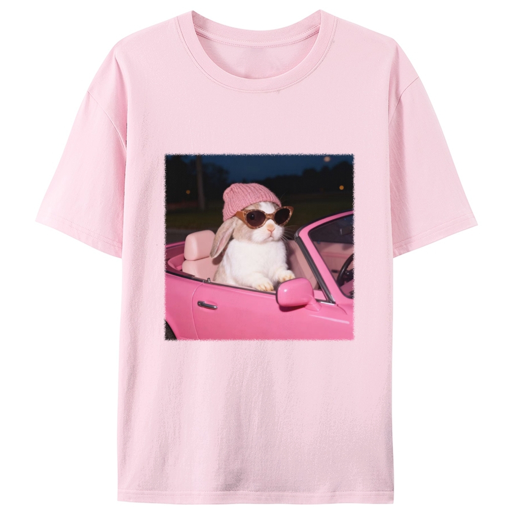 Fashion Bunny Cruising In Pink Car Retro Designed for Women - Slim Fit Cotton Tee