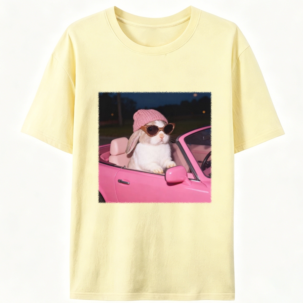 Fashion Bunny Cruising In Pink Car Retro Designed for Women - Slim Fit Cotton Tee