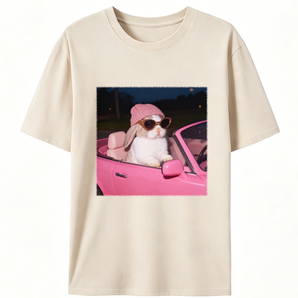 Fashion Bunny Cruising In Pink Car Retro Designed for Women - Slim Fit Cotton Tee