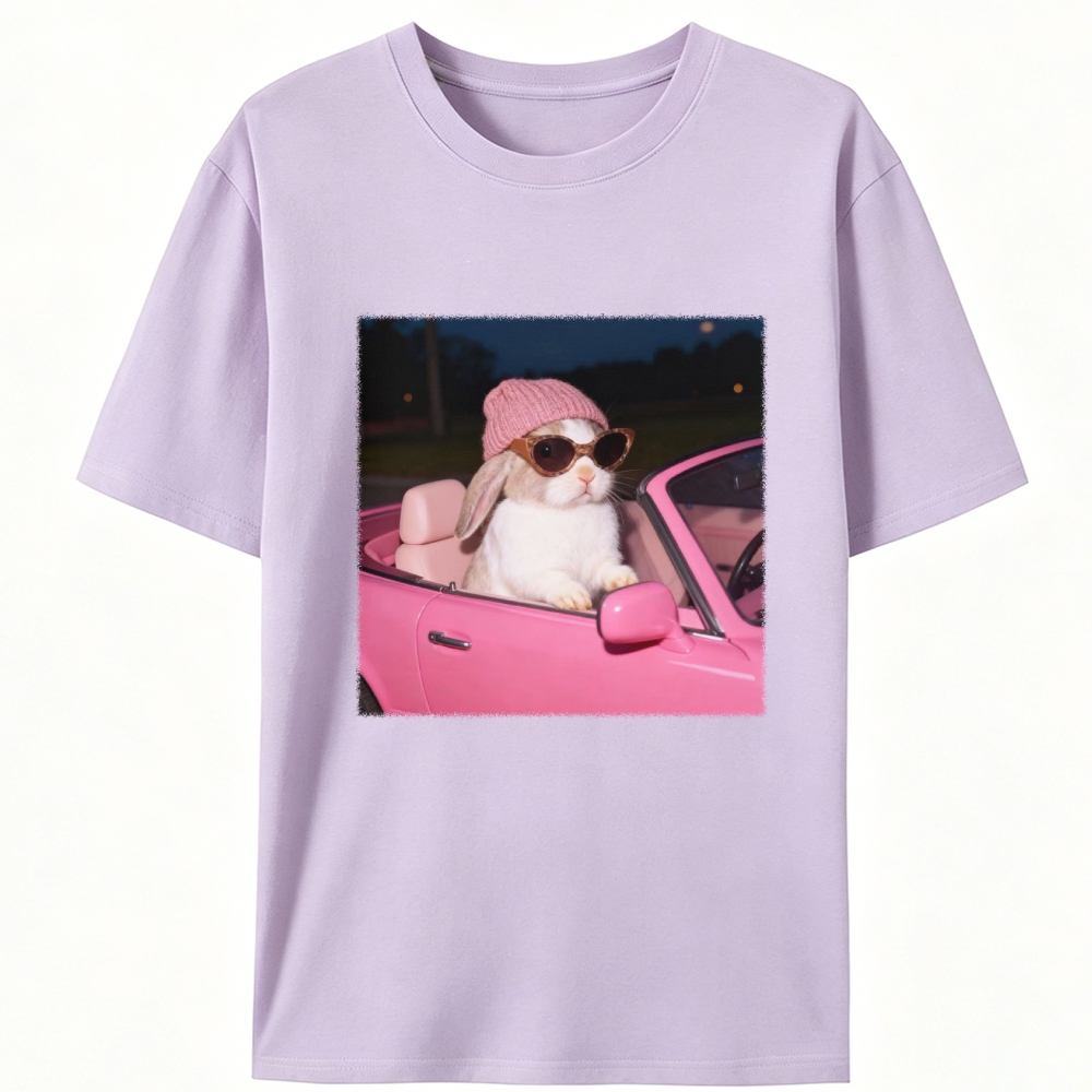 Fashion Bunny Cruising In Pink Car Retro Designed for Women - Slim Fit Cotton Tee