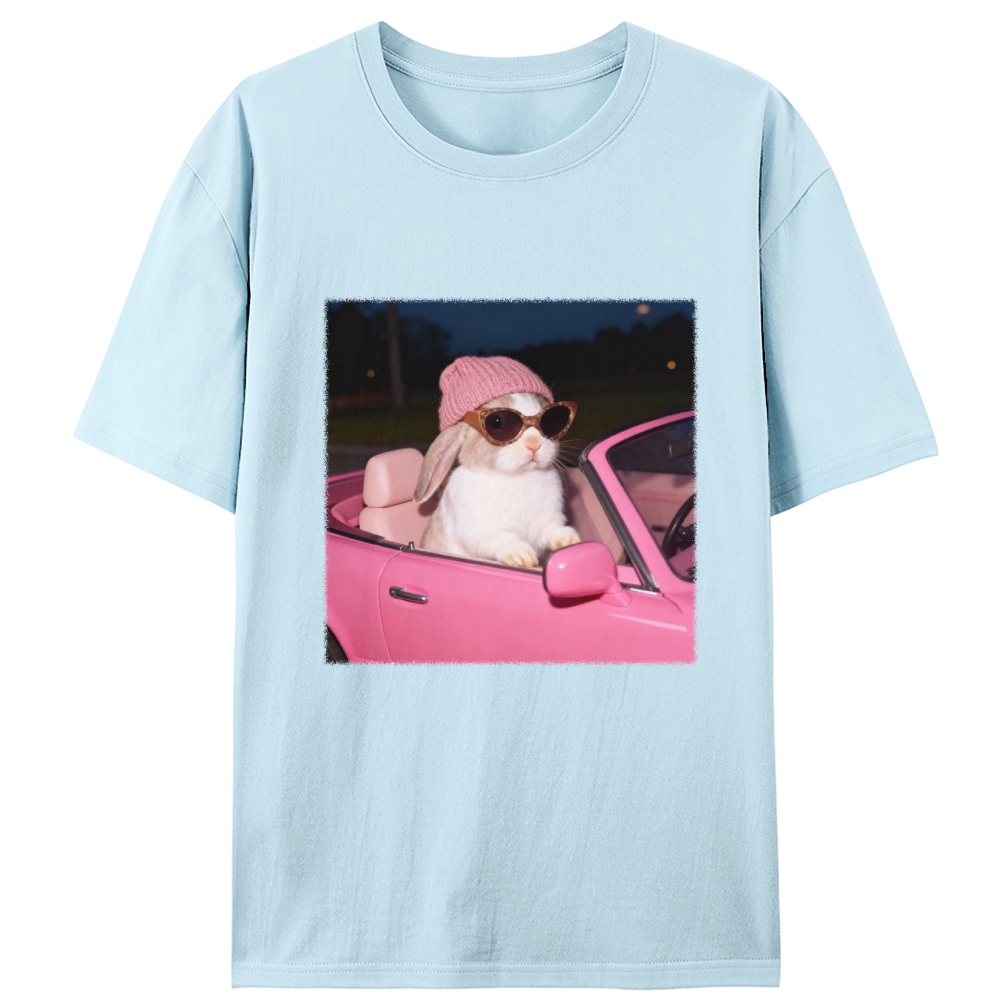 Fashion Bunny Cruising In Pink Car Retro Designed for Women - Slim Fit Cotton Tee