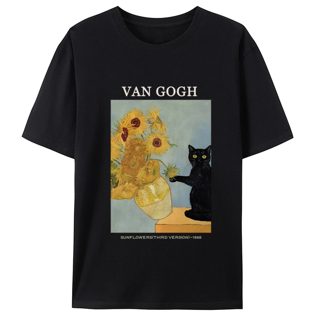 Playful Cat Meets Van Gogh Sunflowers Retro Designed for Women - Slim Fit Cotton Tee