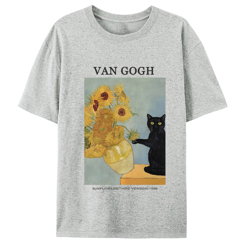 Playful Cat Meets Van Gogh Sunflowers Retro Designed for Women - Slim Fit Cotton Tee