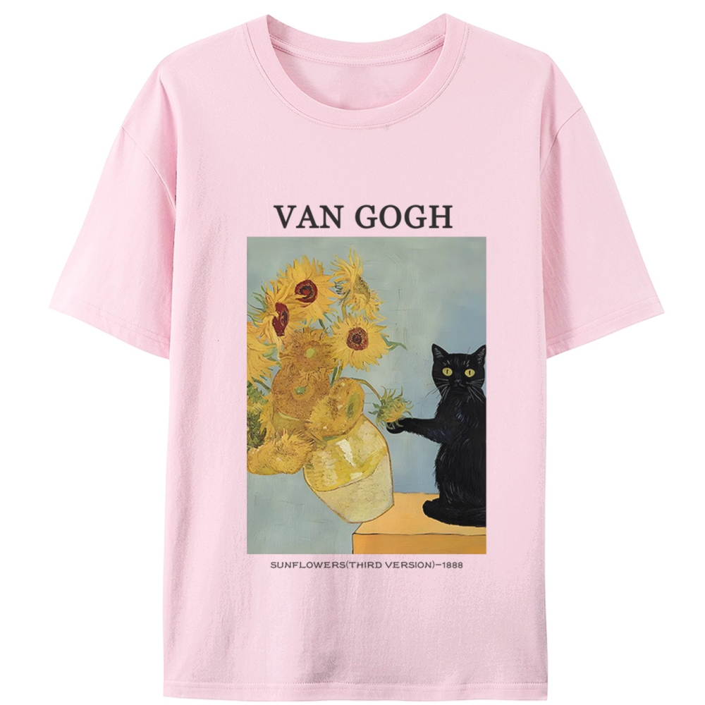 Playful Cat Meets Van Gogh Sunflowers Retro Designed for Women - Slim Fit Cotton Tee