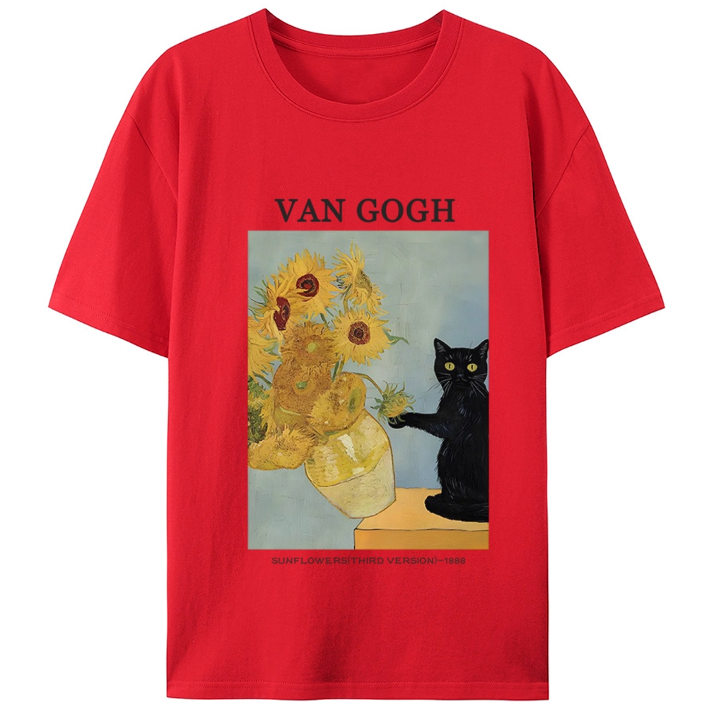 Playful Cat Meets Van Gogh Sunflowers Retro Designed for Women - Slim Fit Cotton Tee