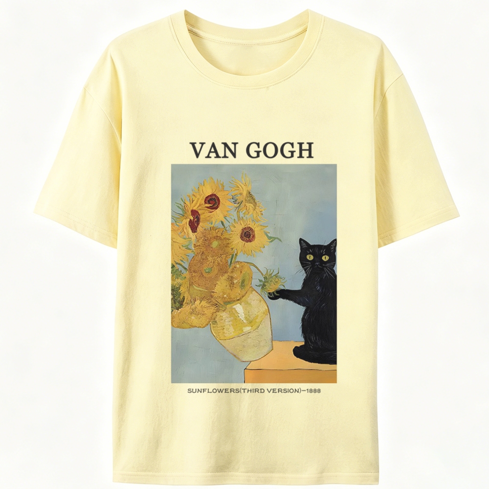 Playful Cat Meets Van Gogh Sunflowers Retro Designed for Women - Slim Fit Cotton Tee
