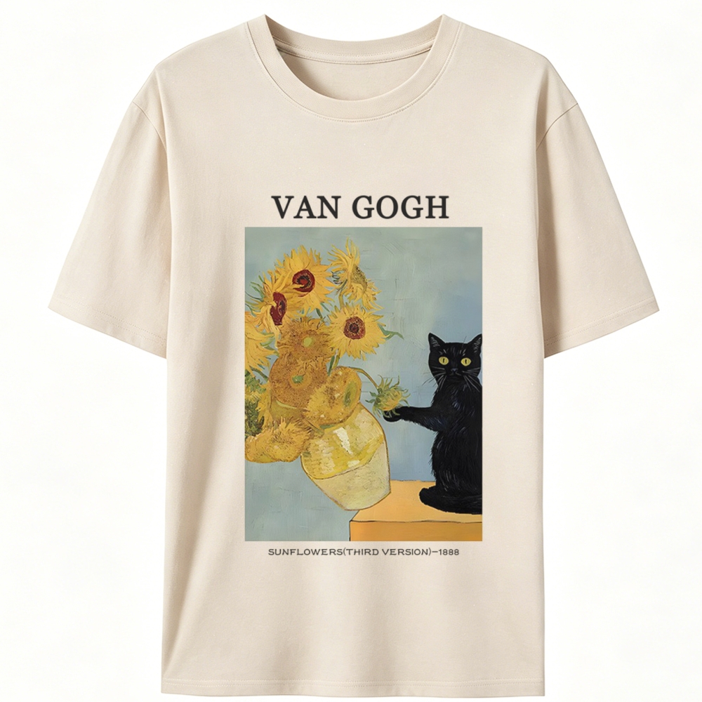 Playful Cat Meets Van Gogh Sunflowers Retro Designed for Women - Slim Fit Cotton Tee