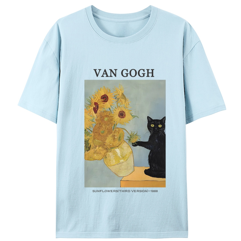 Playful Cat Meets Van Gogh Sunflowers Retro Designed for Women - Slim Fit Cotton Tee