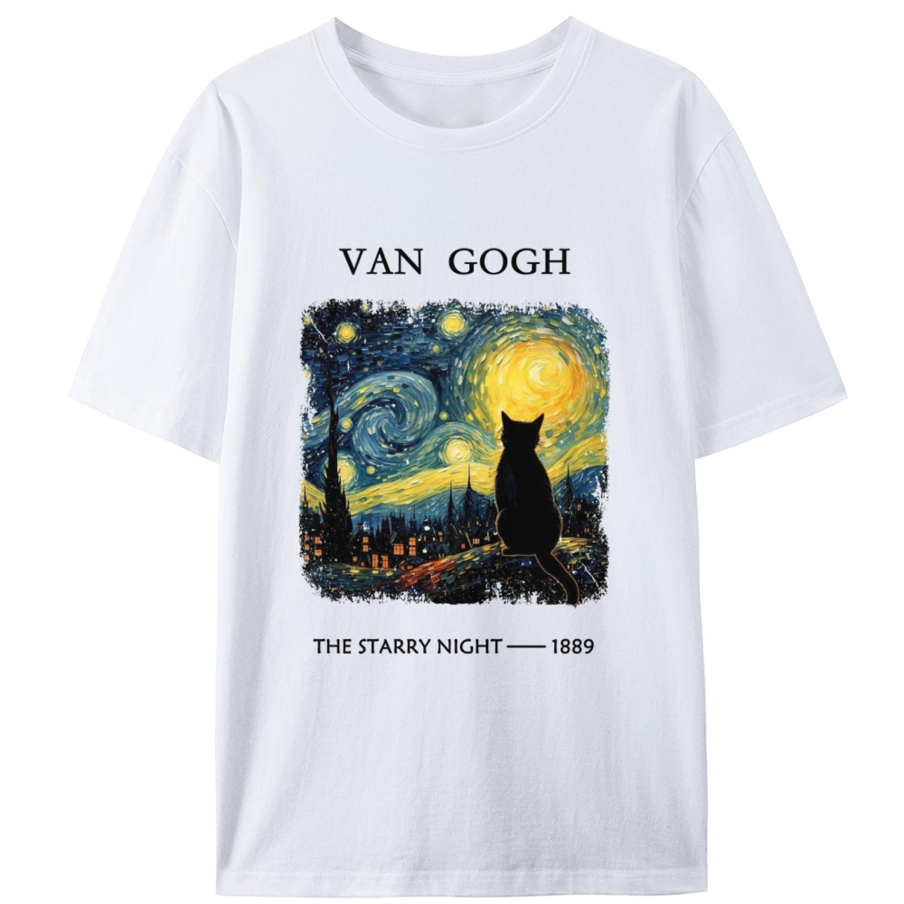 Van Gogh Starry Night Cat Retro Designed for Women - Slim Fit Cotton Tee