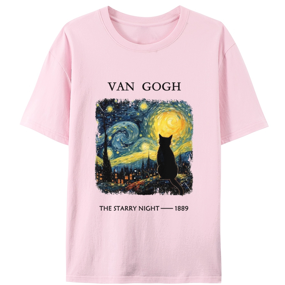 Van Gogh Starry Night Cat Retro Designed for Women - Slim Fit Cotton Tee