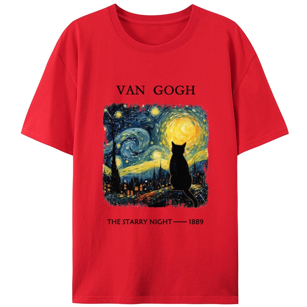 Van Gogh Starry Night Cat Retro Designed for Women - Slim Fit Cotton Tee