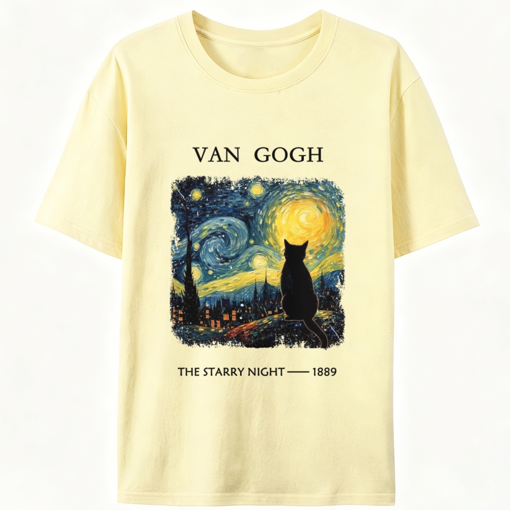 Van Gogh Starry Night Cat Retro Designed for Women - Slim Fit Cotton Tee