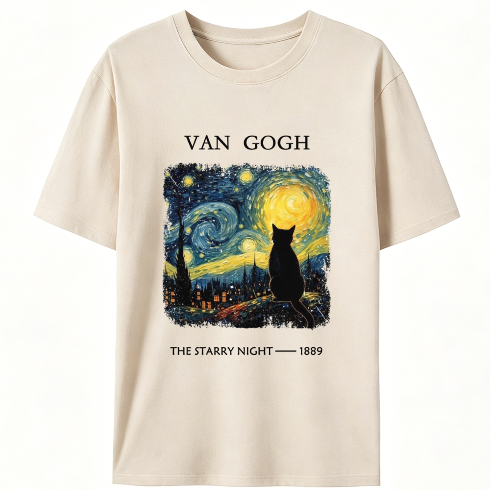 Van Gogh Starry Night Cat Retro Designed for Women - Slim Fit Cotton Tee