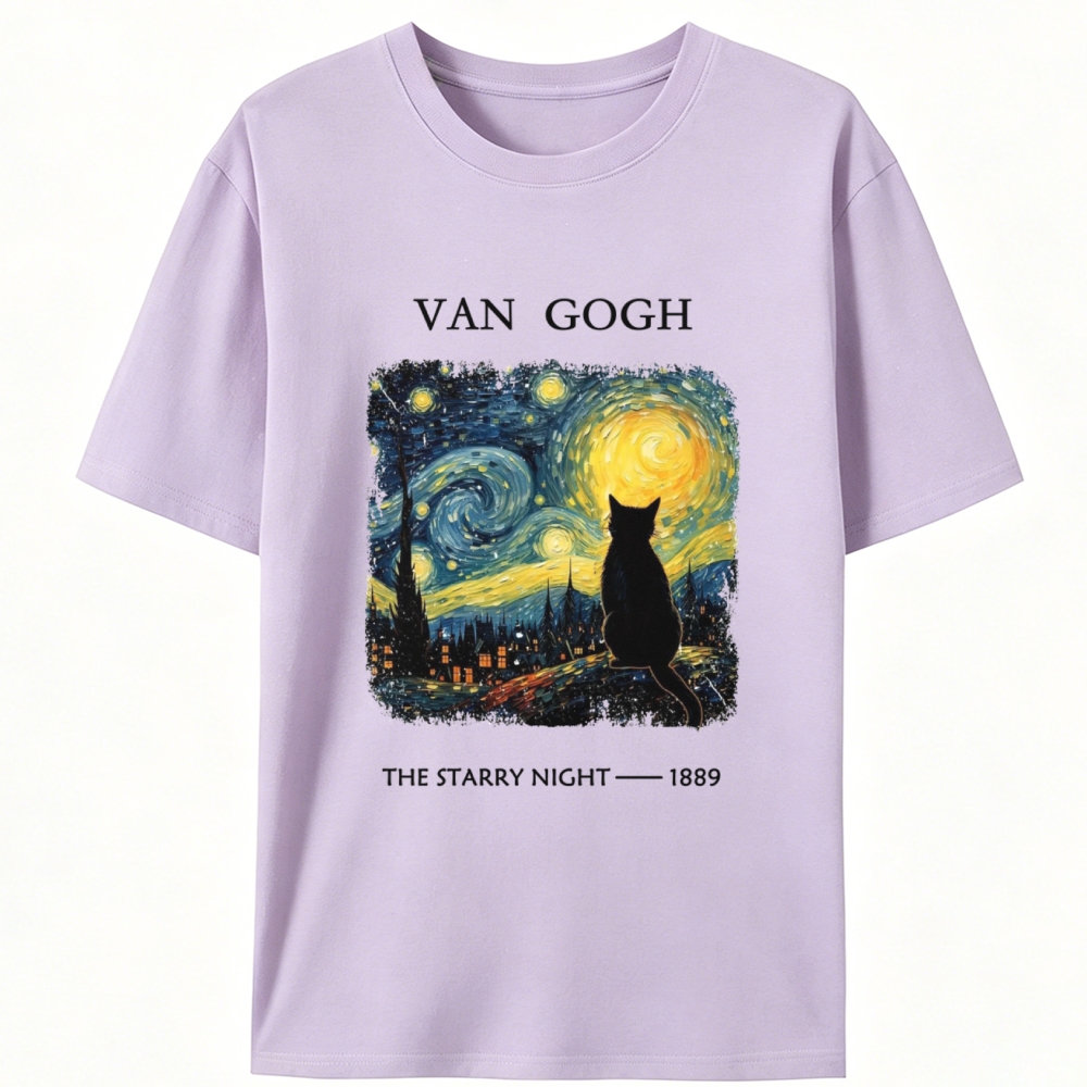 Van Gogh Starry Night Cat Retro Designed for Women - Slim Fit Cotton Tee
