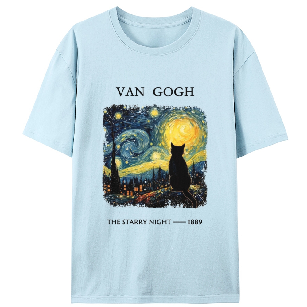 Van Gogh Starry Night Cat Retro Designed for Women - Slim Fit Cotton Tee
