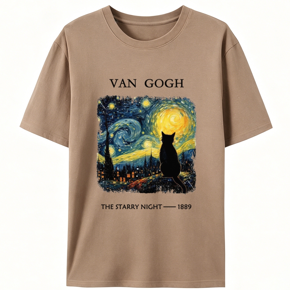 Van Gogh Starry Night Cat Retro Designed for Women - Slim Fit Cotton Tee