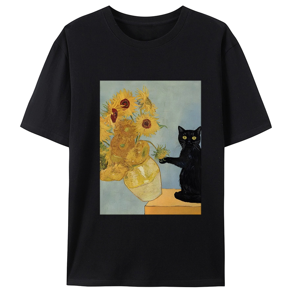Van Gogh Sunflowers Black Cat Retro Designed for Women - Slim Fit Cotton Tee