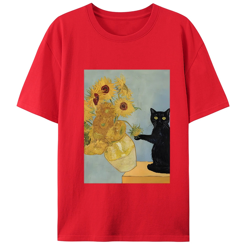 Van Gogh Sunflowers Black Cat Retro Designed for Women - Slim Fit Cotton Tee