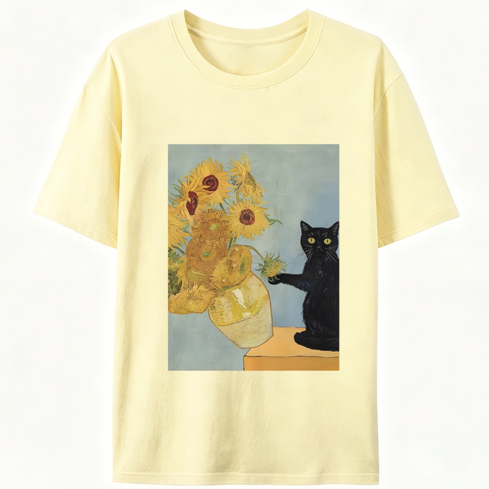 Van Gogh Sunflowers Black Cat Retro Designed for Women - Slim Fit Cotton Tee