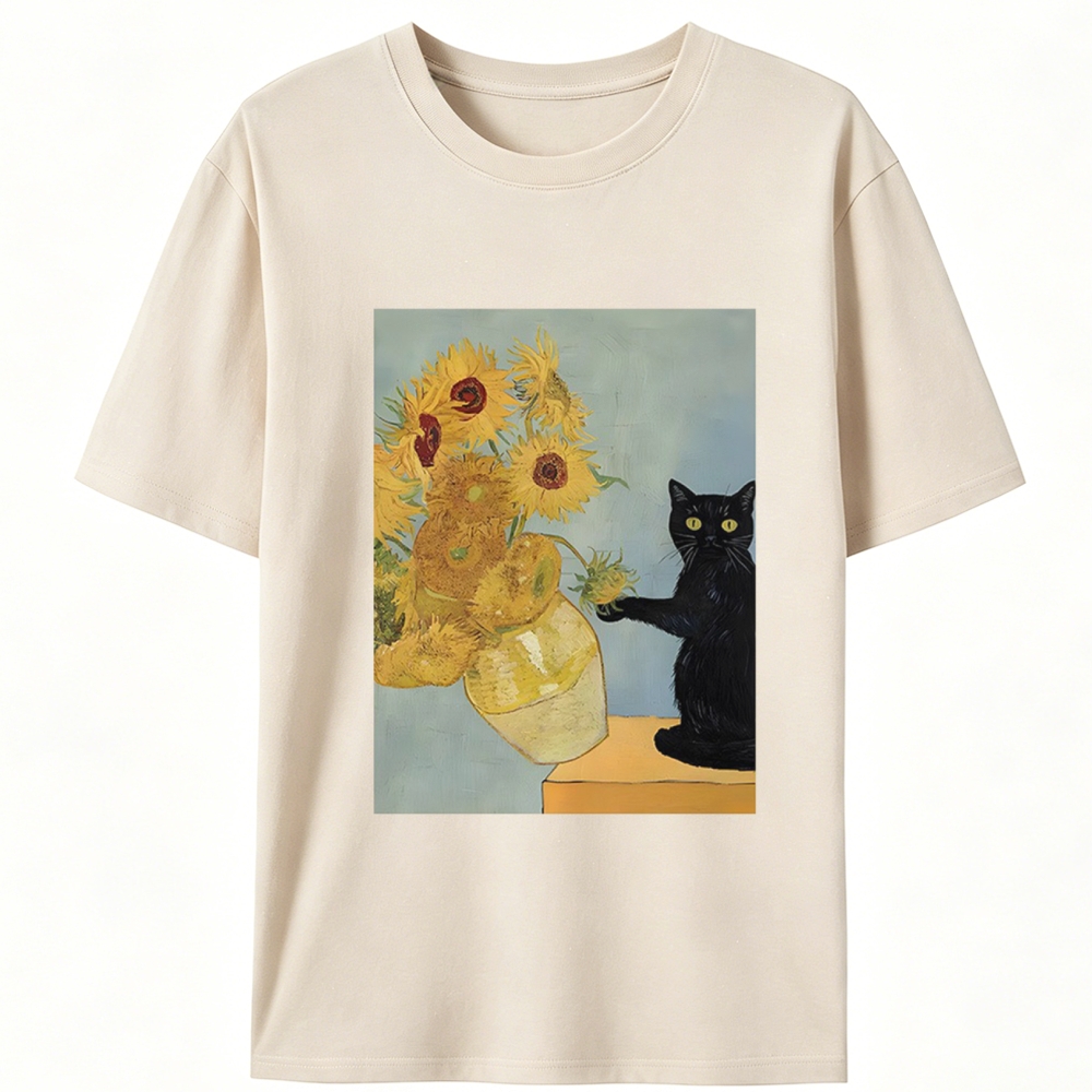 Van Gogh Sunflowers Black Cat Retro Designed for Women - Slim Fit Cotton Tee