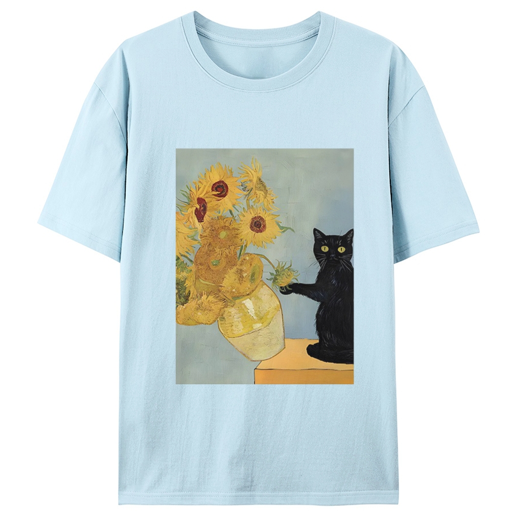 Van Gogh Sunflowers Black Cat Retro Designed for Women - Slim Fit Cotton Tee