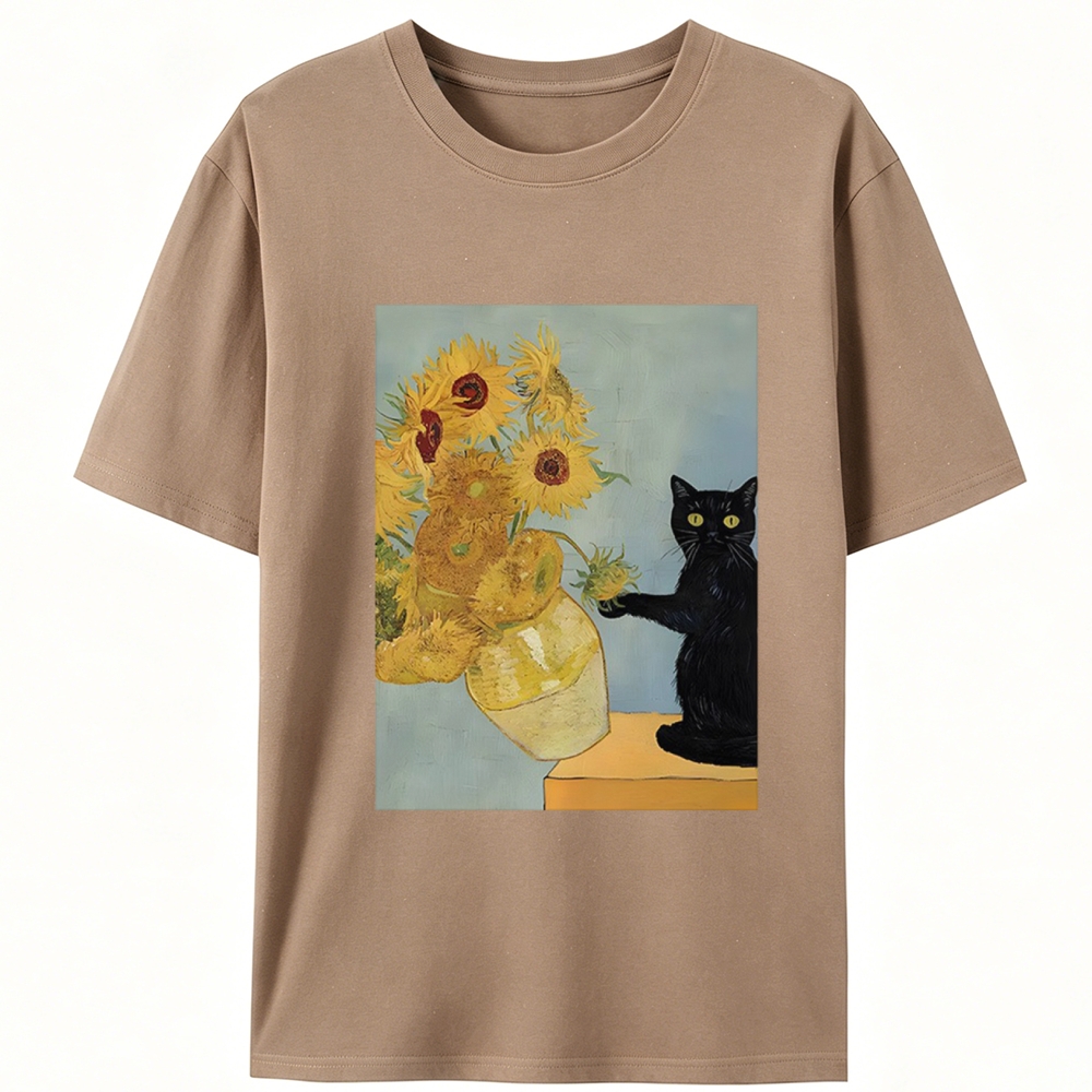 Van Gogh Sunflowers Black Cat Retro Designed for Women - Slim Fit Cotton Tee