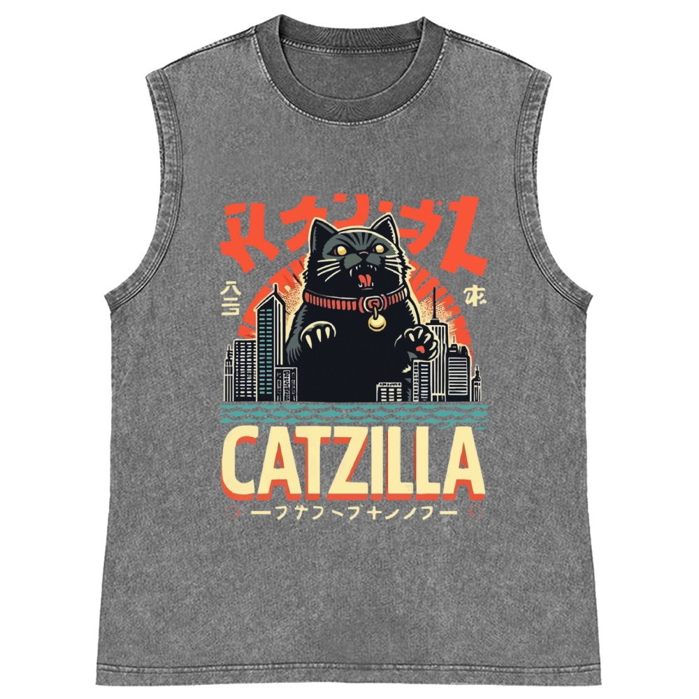 Japanese Style Catzilla Retro Washed Tank Top