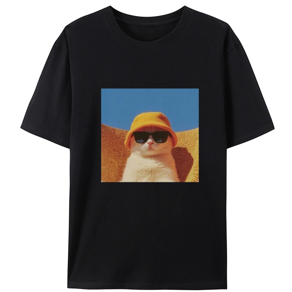 Cool Cat In Yellow Bucket Hat Streetwear Retro Designed for Women - Slim Fit Cotton Tee