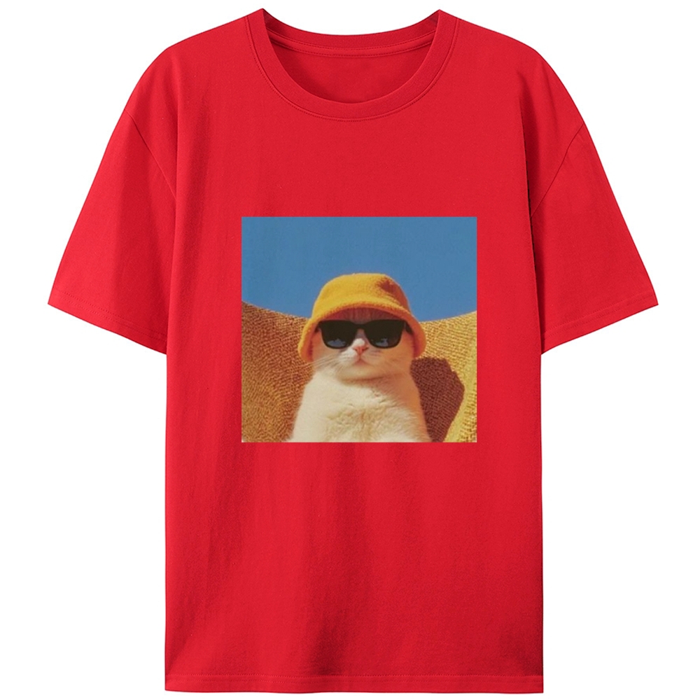 Cool Cat In Yellow Bucket Hat Streetwear Retro Designed for Women - Slim Fit Cotton Tee