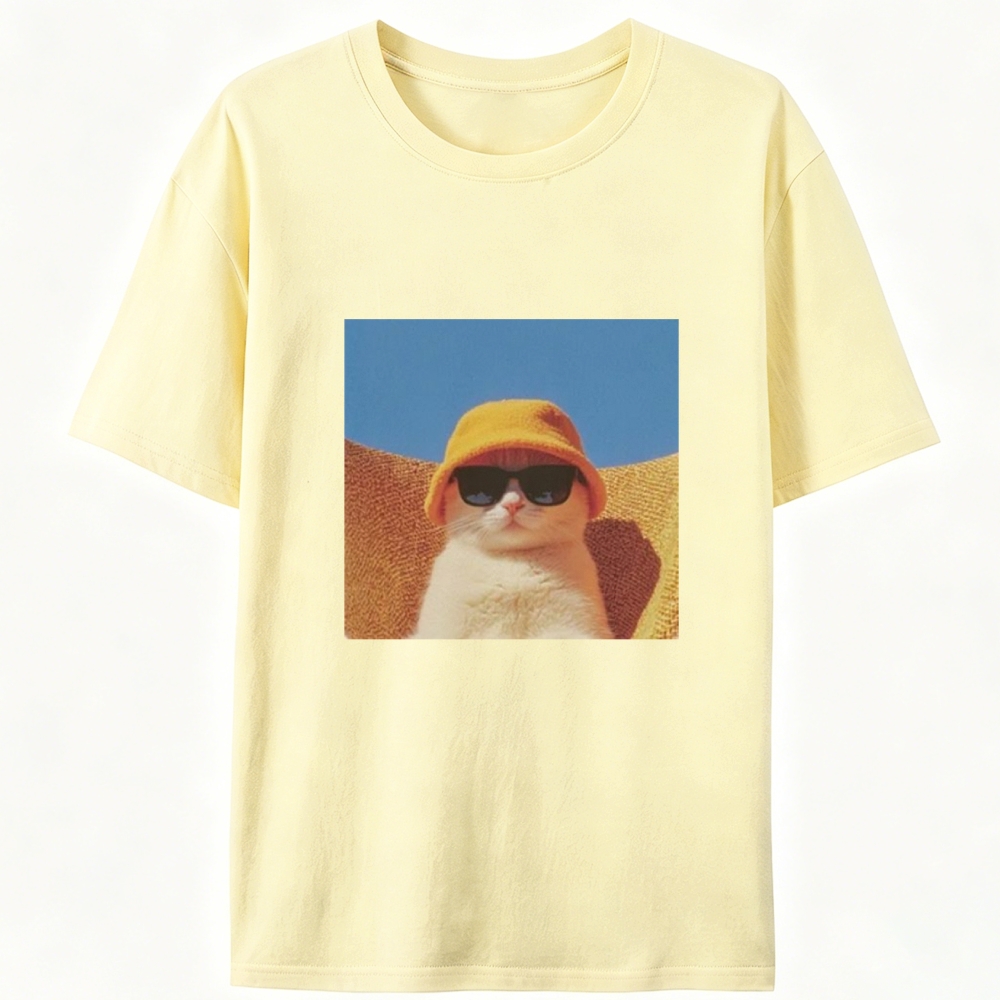 Cool Cat In Yellow Bucket Hat Streetwear Retro Designed for Women - Slim Fit Cotton Tee