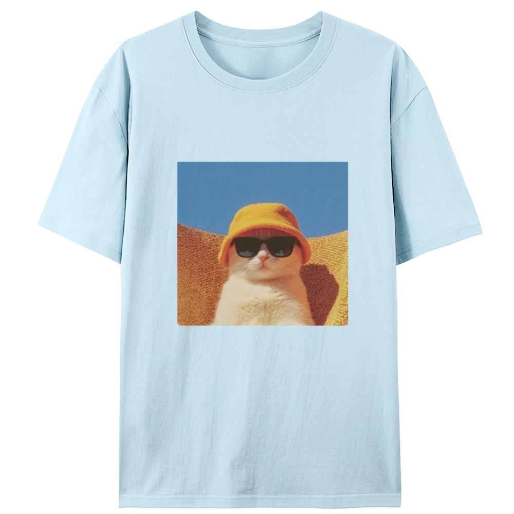 Cool Cat In Yellow Bucket Hat Streetwear Retro Designed for Women - Slim Fit Cotton Tee